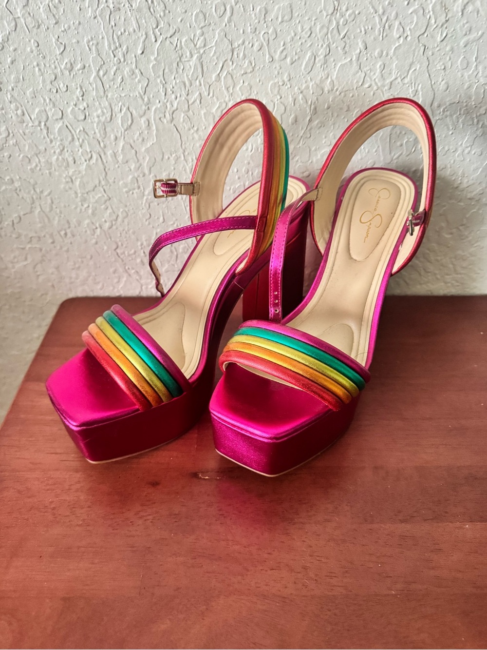 Jessica Simpson Pink Satin Platform Sandals with Rainbow Straps
